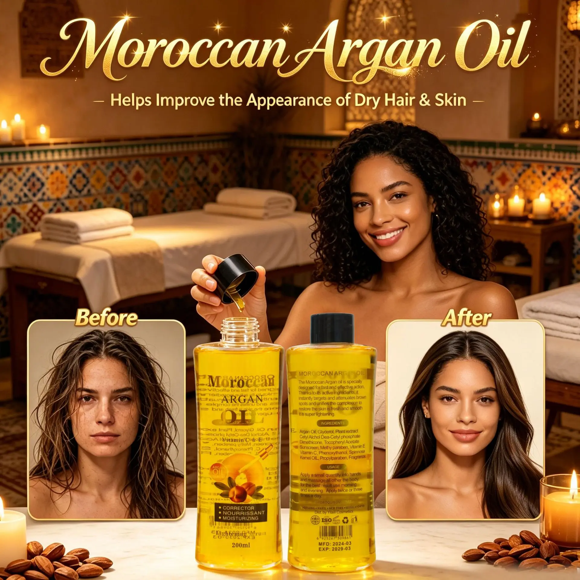 Argan Oil Facial Body Hair Care Essential Oil Brightening Massage Oil 200ml