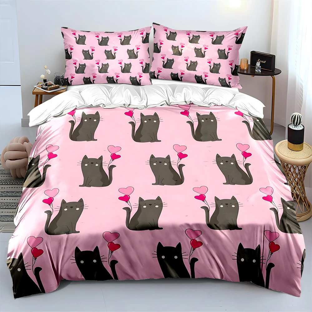 Black cats with heart balloons pattern Bedding Set 1 Duvet Cover 2 Pillowcases for Adult and Children Luxury Gift Full Size