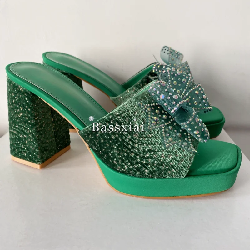 Rhinestone Butterfly-Flower Decor Women Sandals Green Color High Platform Chunky Heel Slingbacks Summer Mules view 6