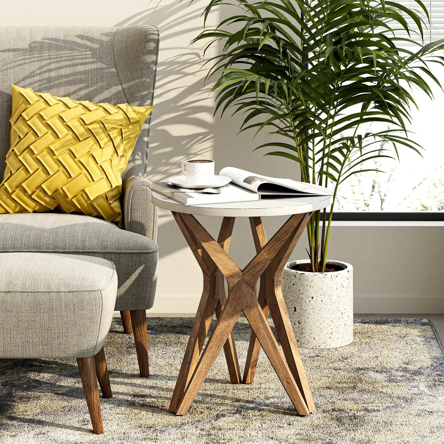 Tripod Base Bedside Table for Living Room, Modern, Boho Decor, Round (1 Pack, White & Walnut)