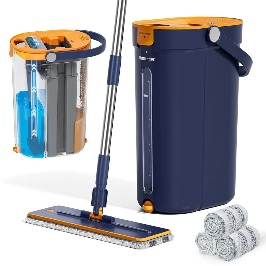 

and Bucket Set with Wringer, 3Tank Flat Mop and Bucket System, Wall Mop Cleaner with Long Handle, Hands Free Mops for Floor Clea