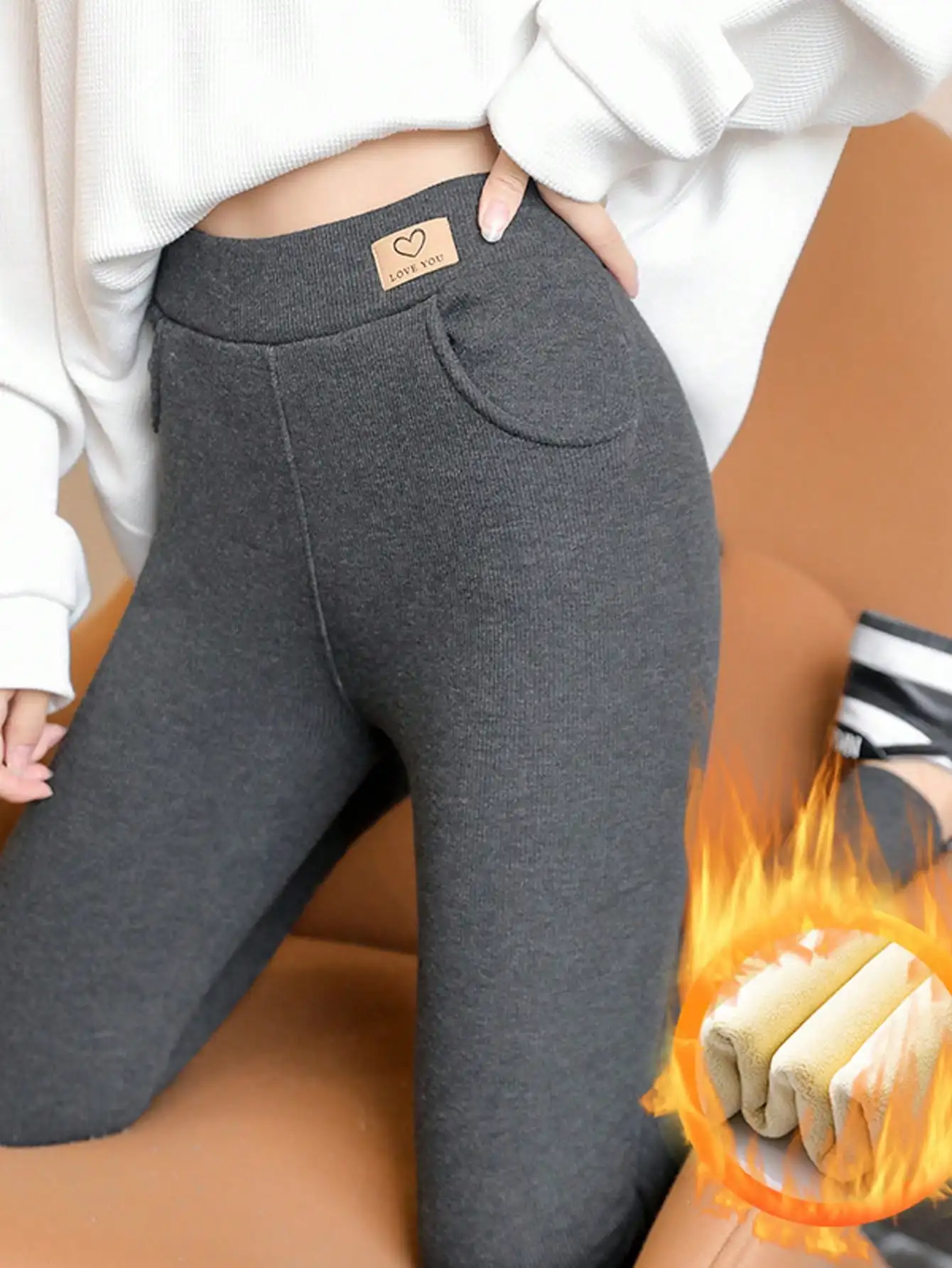 

1pc Women's Gray Plus Fleece Thick Skinny Pants, High Waist Warm Thermal Leggings, Autumn/Winter