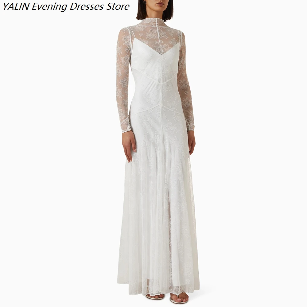 Customized Women's A-line Evening Dresses Ankle-length High-neck Full Sleeve Prom Dresses Fashion Lace Simple Draped Party Gowns