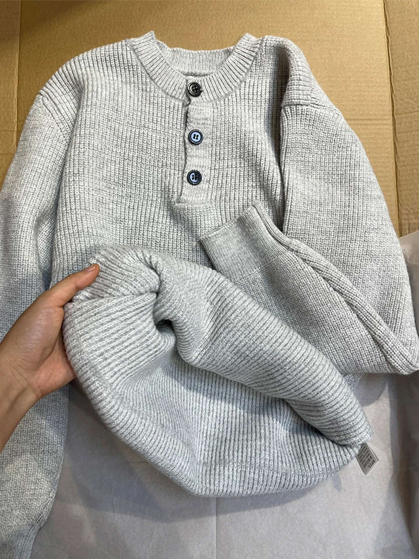 

Мужской утепленный трикотажный джемпер с воротником хенли в американском стиле, зимний, не скатывающийся, теплый, базовый слой, свободный крой, повседневный