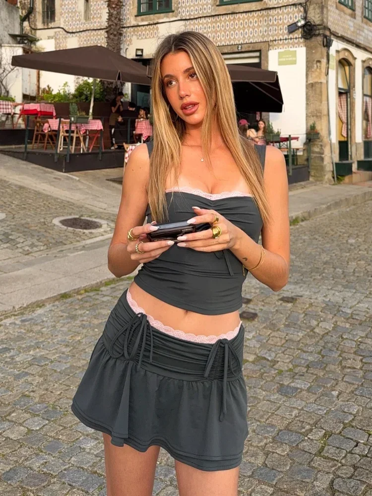 

New Patchwork Grey Lace Up Vest Skirt Suit Women Elegant Slim Sling Top A Line Mini Skirts Set Summer Lady Holiday Outfits