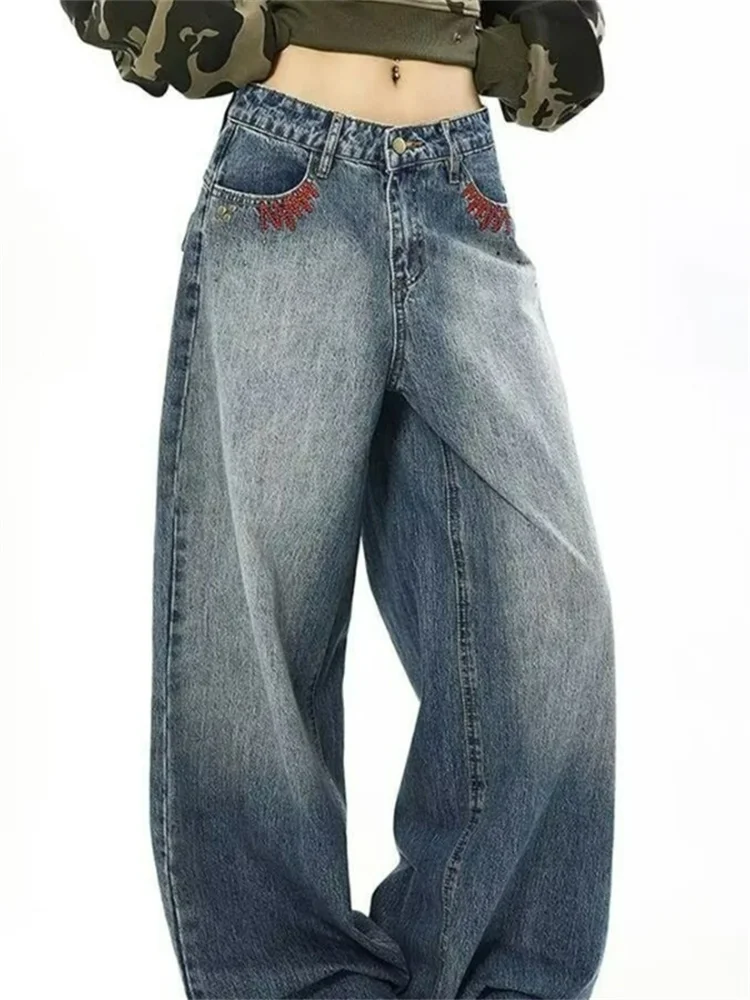 

American Vintage Curved Hem Jeans Women Spring New Washed Loose Wide Leg Straight Trousers Casual Denim Pants