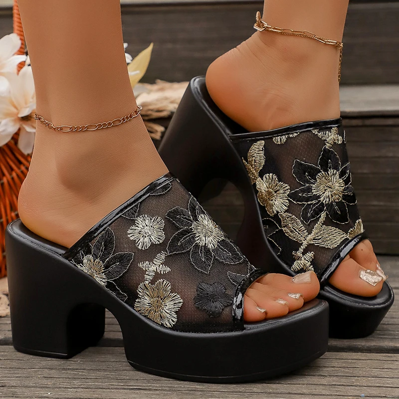 

Flower Embroidery Black Chunky Platform Sandals Women 2026 Summer Sexy High Heel Sandals Woman Thick Heeled Ladies Party Shoes