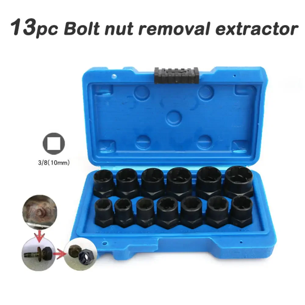 13Pcs/Set Impact Damaged Bolt Nut Screw Remover Kit Extractor Socket Tool Set Removal Wrench Threading Tool Home DIY With Box