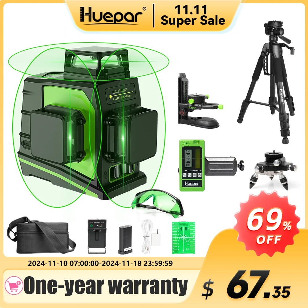 

Huepar 12 Lines 3D Cross Line Laser Level Kit Osram Self-Leveling Green Beam 360° Vertical Horizontal With Laser Receiver Tripod