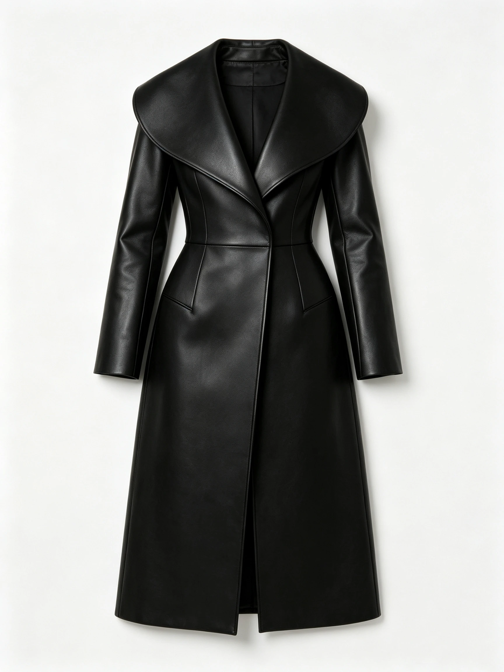 Women's Faux Leather Long Coat with Oversized Collar and Cinched Waist