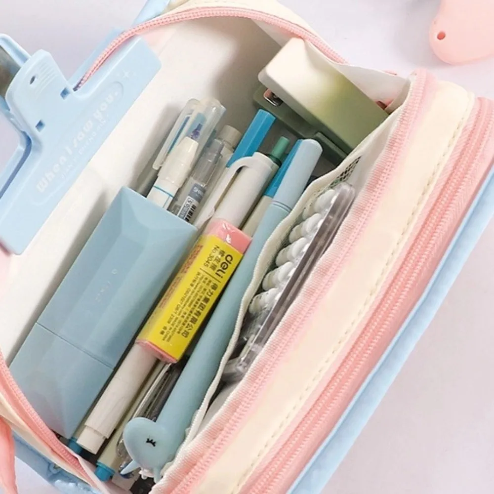 Transparent Display Korean PVC Stationery Bag Multilayer Desktop Storage Korean Style Pencil Case Pink Blue Green Large Capacity