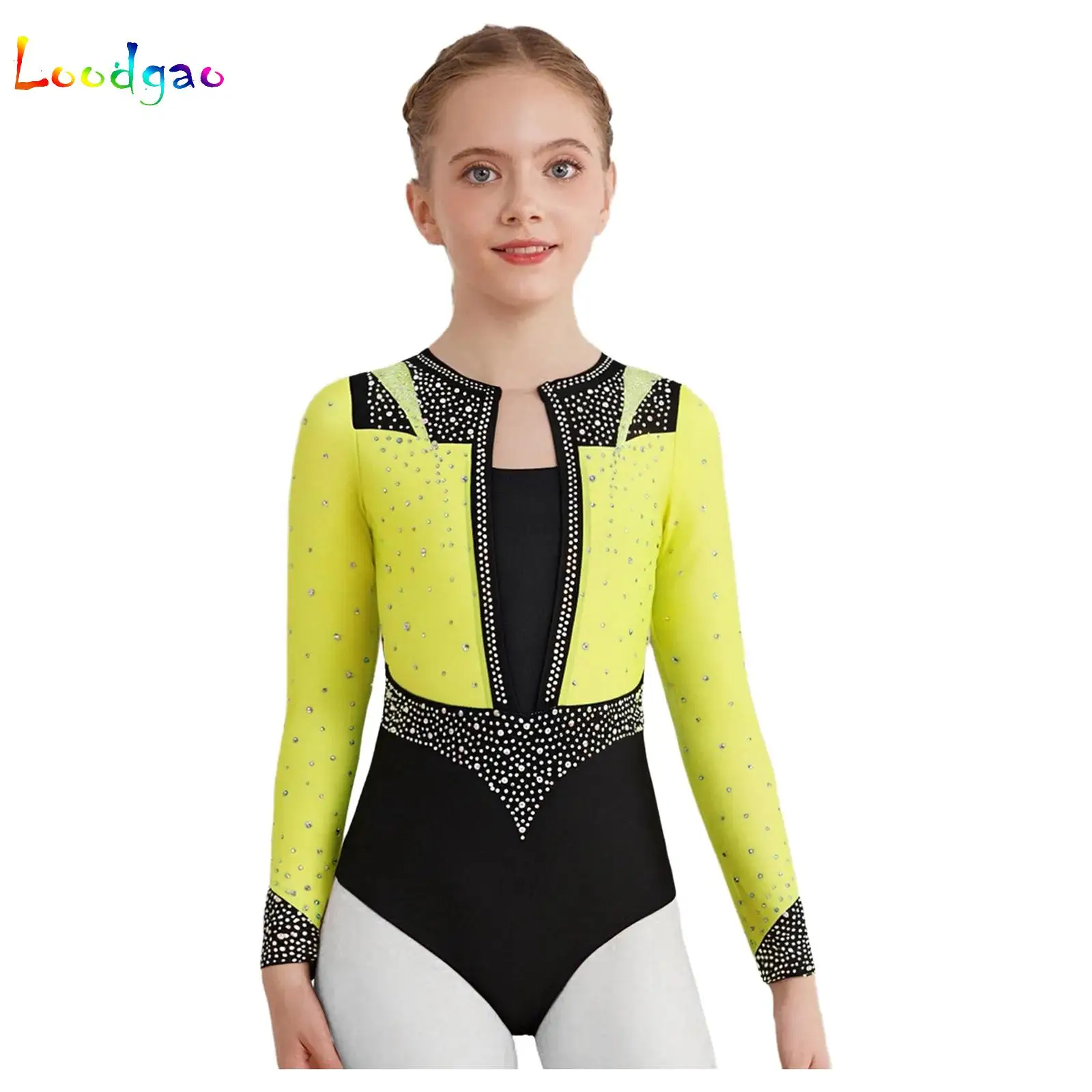 Kids Girls Ballet Figure Skating Dress Rhythmic Gymnastics Sheer Mesh Long Sleeve Leotards Stage Performance Costume Dancewear
