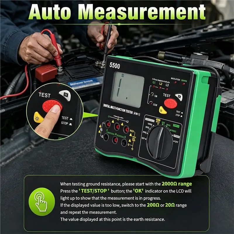 DTEN-Digital Megohmmeter 4 In 1 Insulation Tester Ground Resistance 0-2000Ω 250V 500V 1000V AC Voltage Phase Sequence Testing To