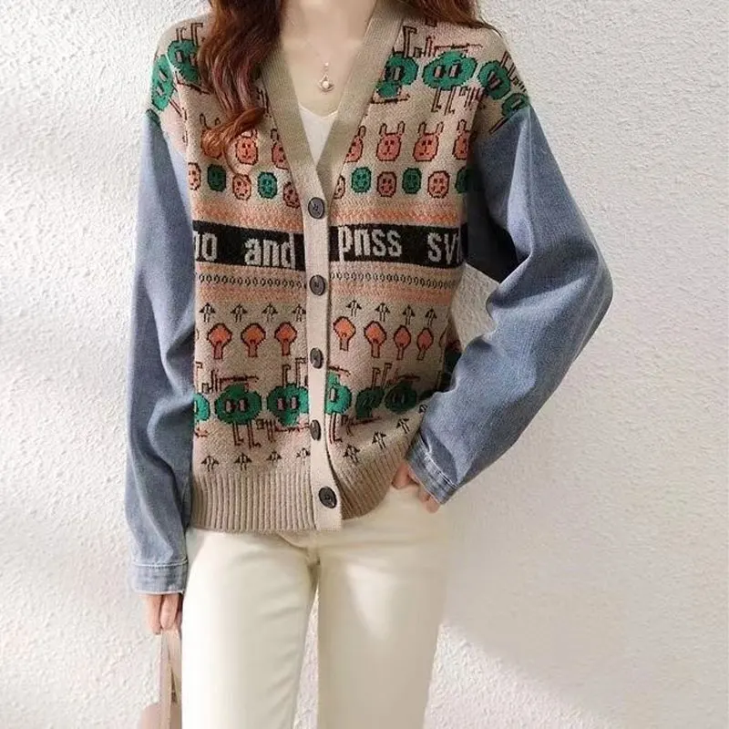 Casual V-Neck Single-breasted Knitted Sweaters Autumn Winter Stylish Cartoon Denim Spliced Fake Two Pieces Korean Loose Cardigan