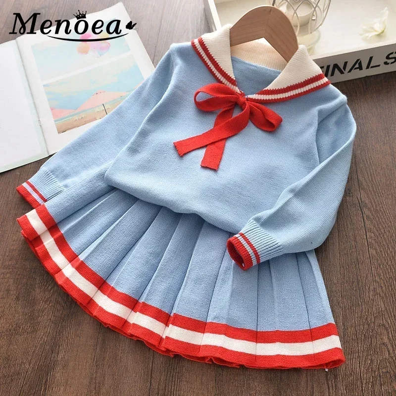 Menoea Girls Winter Clothes 2024 Baby Girl Cute Dress Long-Sleeve Knitted Pullover + Dress Bow Tie 2pcs Children Knitwear Suit