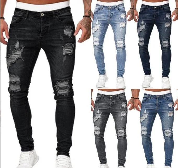 Rua elástica jeans masculino calças jeans lavagem cor sólida casual meados de cintura calças fino ajuste uso diário corredores