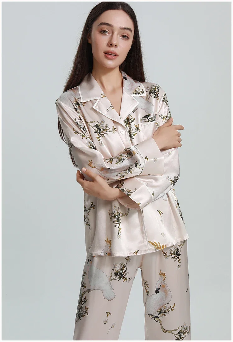 22 مللي متر 100% التوت الحرير المطبوعة ملابس النوم بيجامة مجموعة زر أسفل التلبيب Homewear سترة بيجامة من الحرير الحقيقي الفاخرة المتسكعون PJS