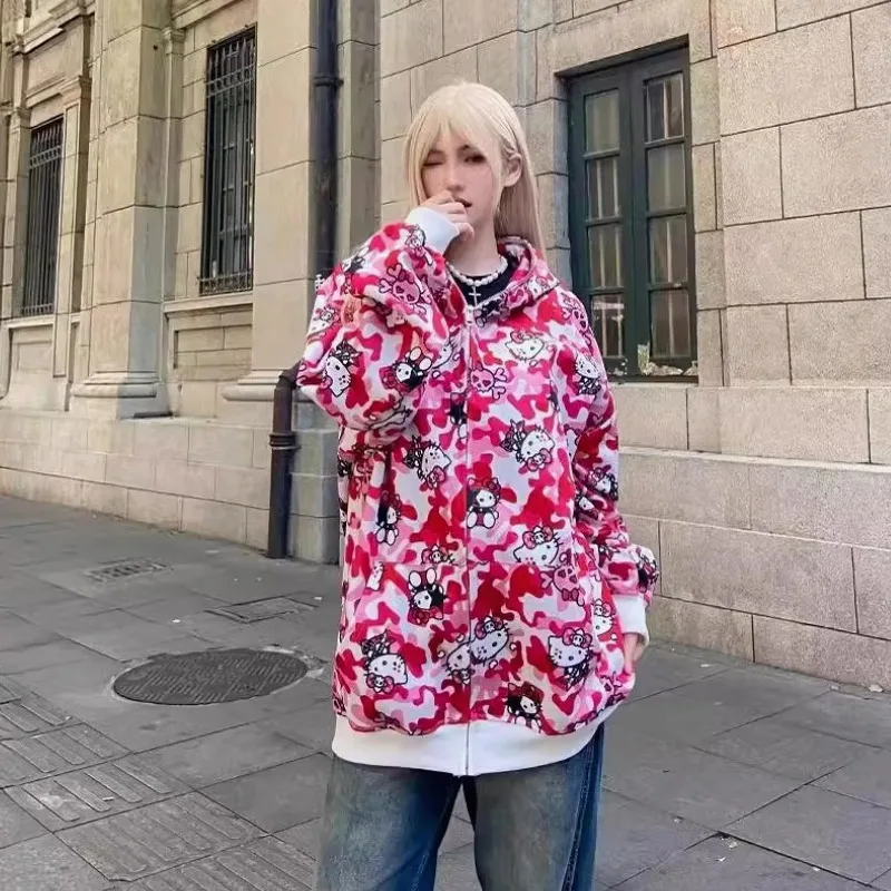 

Thin Anime Hello Kitty Print Hooded Sweatshirt Summer Kawaii Cartoon Pattern Couple Clothing Ins Graffiti Sweatshirt Jacket