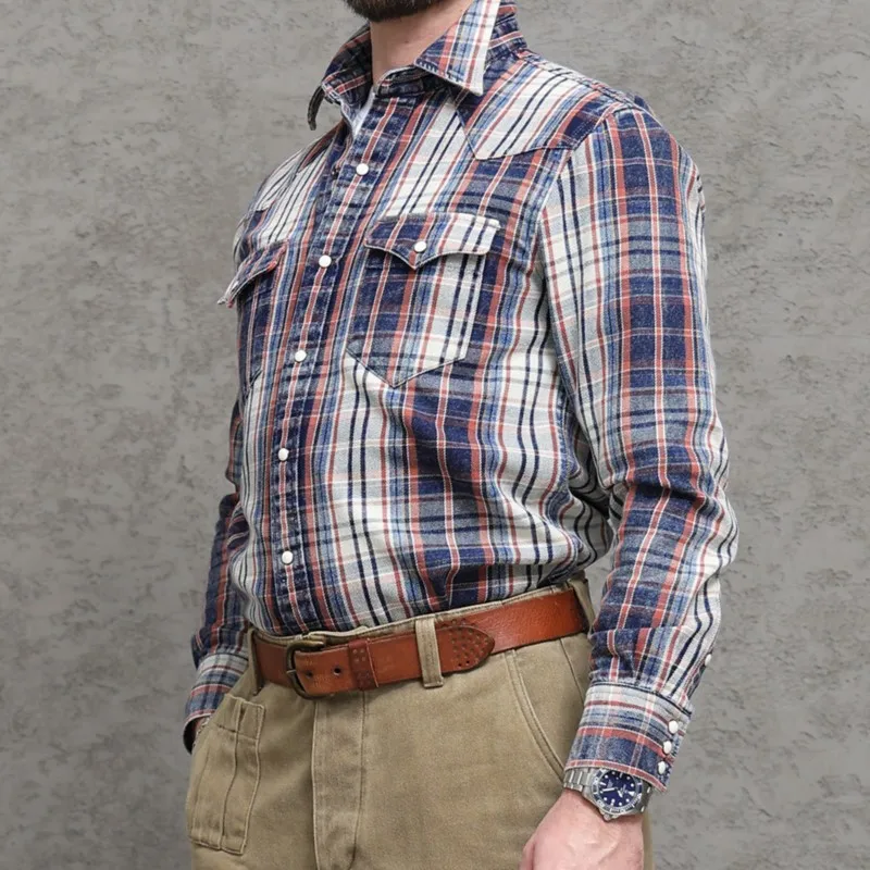Amekaji American Style Classic Retro Washed Cotton Plaid Diagonal Cloth Western Shirt Casual Coat for Men
