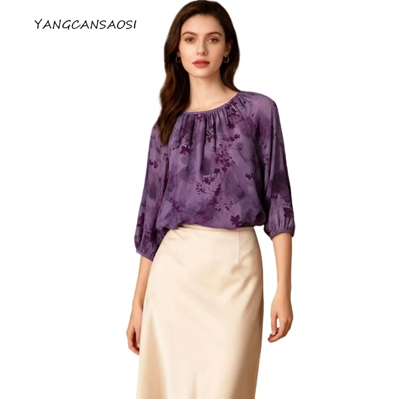 

Purple Blending 100% Natural Mulberry Silk Crepe De Chine French Round Neck Seven Quarter Lantern Sleeve Loose T-shirt