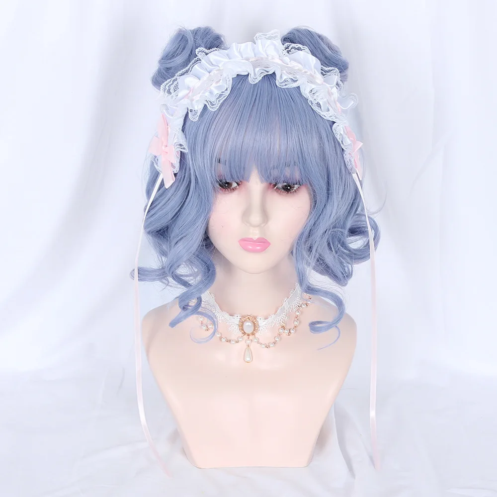 GAKA Ombre Blue Short Wigs with Bangs Synthetic Women Lolita Wavy Curly Cosplay Hair Wig for Daily Party