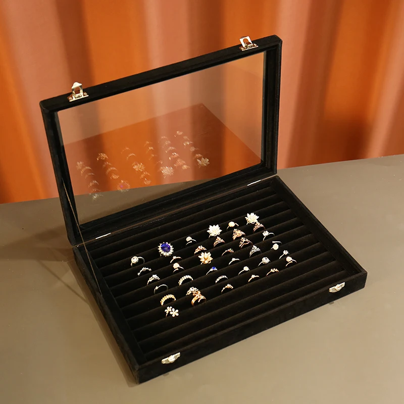 Black jewelry box for necklaces, rings, earrings, bracelets, antique items, with a grid storage display lid, dust-proof glass