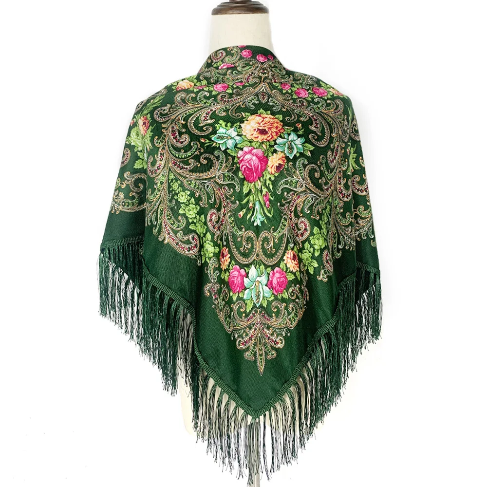 90*90cm Retro Floral Pattern Russian Square Scarf Women Cotton Print National Scarves Ladies Fringed Shawl Head Wrap Hijab