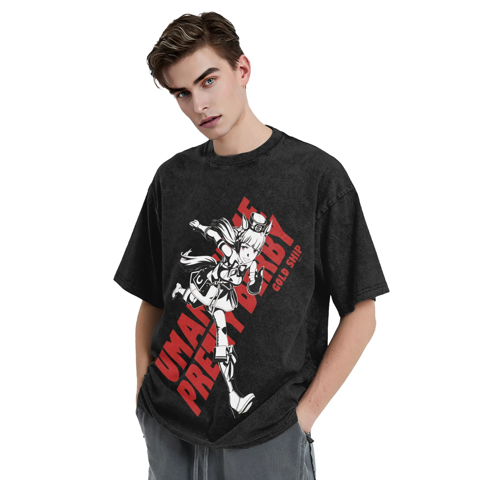 غسلها تي شيرت Uma Musume جميلة ديربي الذهب السفينة أنيمي الهيب هوب تي شيرت غير رسمي كبير الحجم الشارع الشهير ملابس علوية من القطن المحملة للرجال والنساء