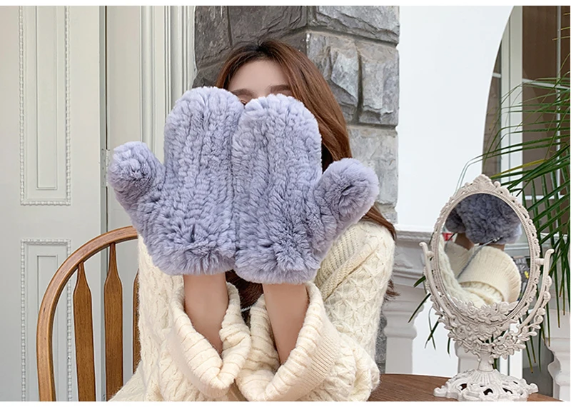 Women's Winter Real Rex Rabbit Fur Gloves Warm Thick Ladies Fur Mittens Elastic Girls Ski Glove Mitts Elastic Soft With String