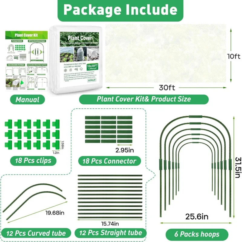 Plant Frost Protection Cover Kit, Greenhouse Hoops Set With Curved Straight Tubes, Clips Connectors For Outdoor Vegetable Garden