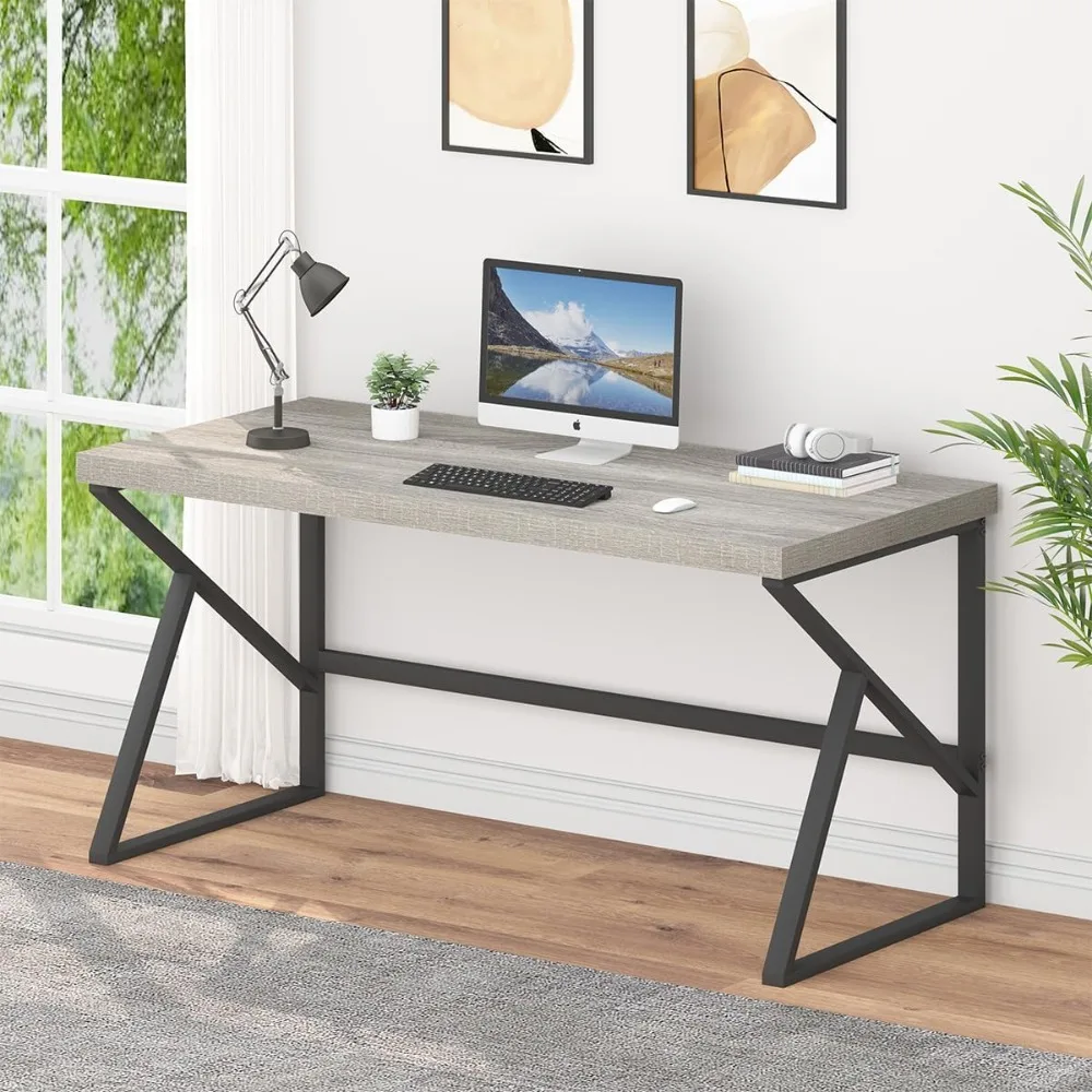 

Industrial Wood & Metal Home Office Desk for Work Study Play, Modern Minimalist Bedroom Computer Desk, Light Grey Oak, 55 In