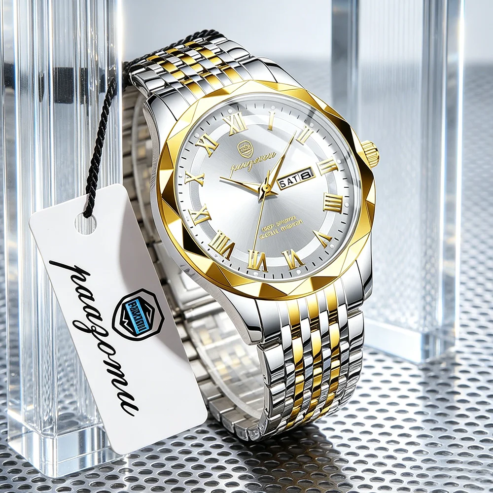 

PAAZOMU Trendy Casual Wristwatch For Men Week Date Stainless Steel Man Watch Luminous Waterproof Luxury Quartz Men Watches+Box