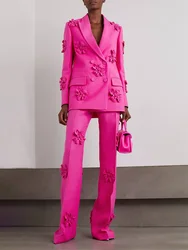 Barbiecore-Conjunto de traje rosa para mujer, chaqueta de 2 piezas y pantalones de algodón con apliques de flores 3D, vestido Formal de graduación, abrigo de doble botonadura