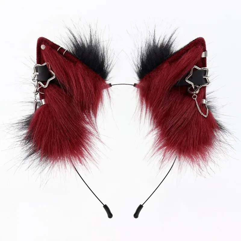 Handmade Plush Cat Ears Headband Punk Star Metal Decor Simulation Furry Animal Ear Cosplay Anime Party Hair Accessory