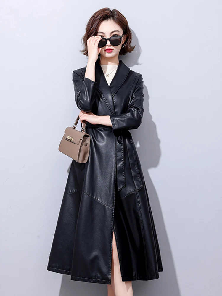 2025 Spring Autumn New Sle Haifeng Genuine Leather Jaet Women's Mid-Length Korean Version Slim-Fit Belted Windbreaker e...