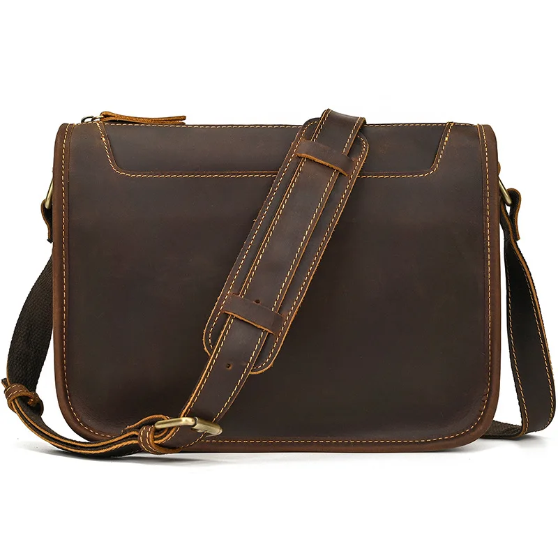 Spring Summer Commute Messenger Bag, Crazy Horse Texture Cowhide Leather Men Outdoor Casual Shoulder Crossbody Bag