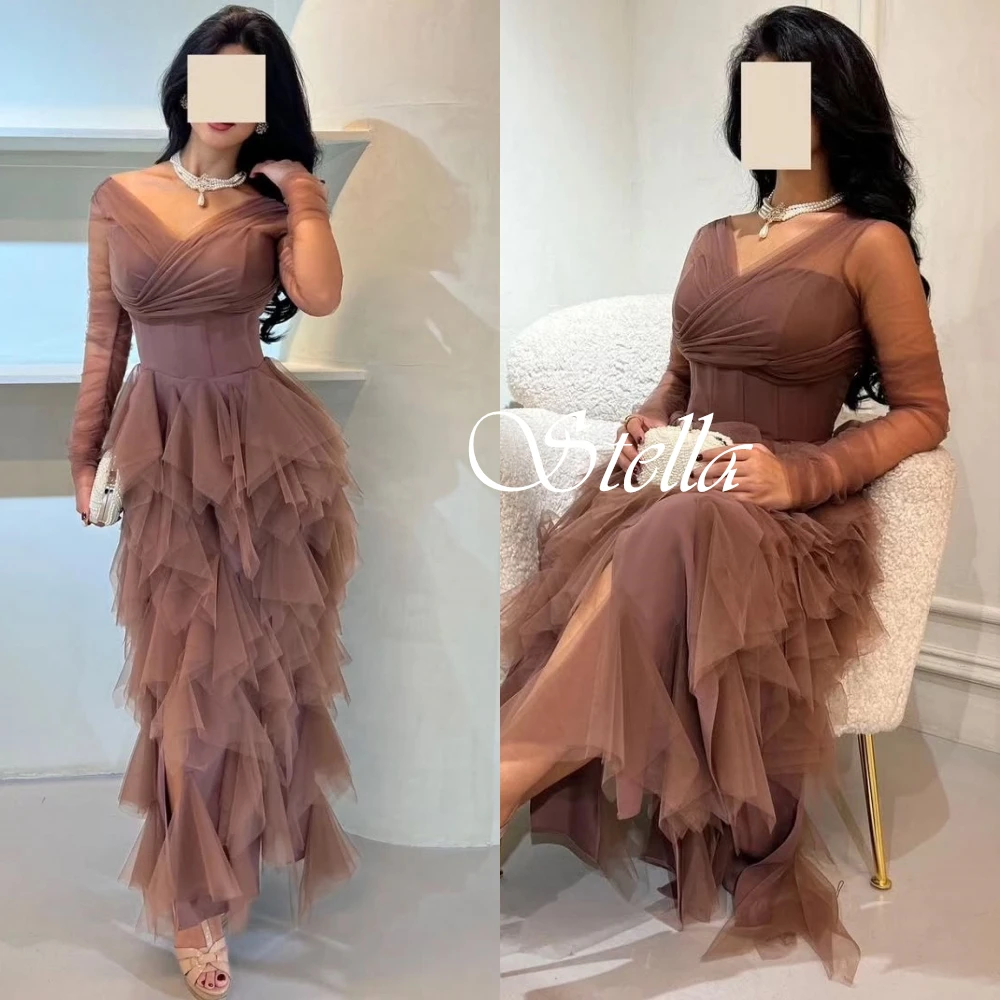 

Customized Exquisite V-Neck Cap Sleeve Long Sleeves Evening Dress High Quality Tulle Prom Dresses Delicate Bridal Party Gowns