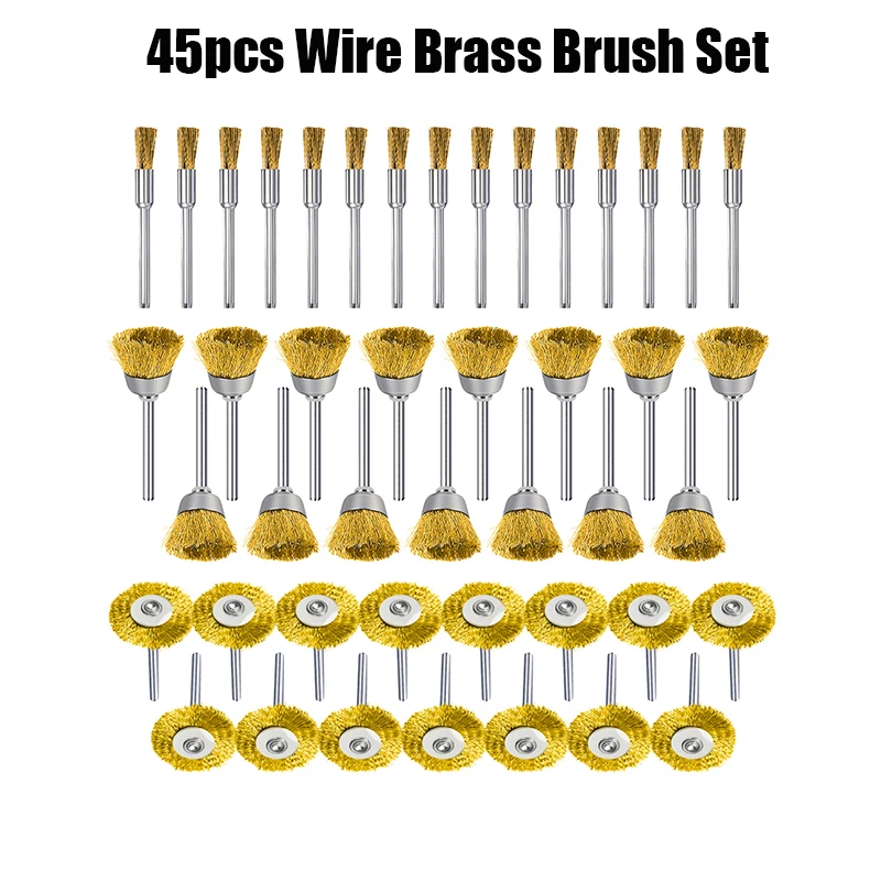 45pcs Brass Wire Wheel Cup Brush Set 3mm Shank Metal Rust Removal Brush Set for Dremel Rotary Tool Acceossires