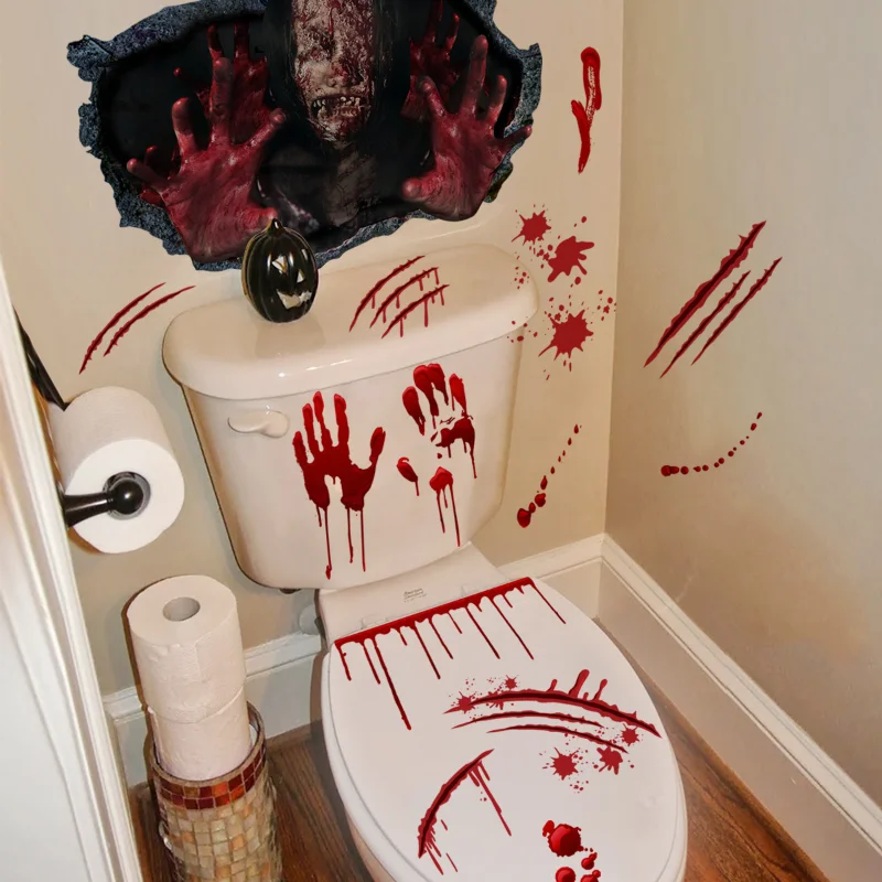 3d Halloween Toilet Lid Sticker Horrible Wall Bathroom Decals Diy Dark Halloween Scream Party Removable Reusable Decoration