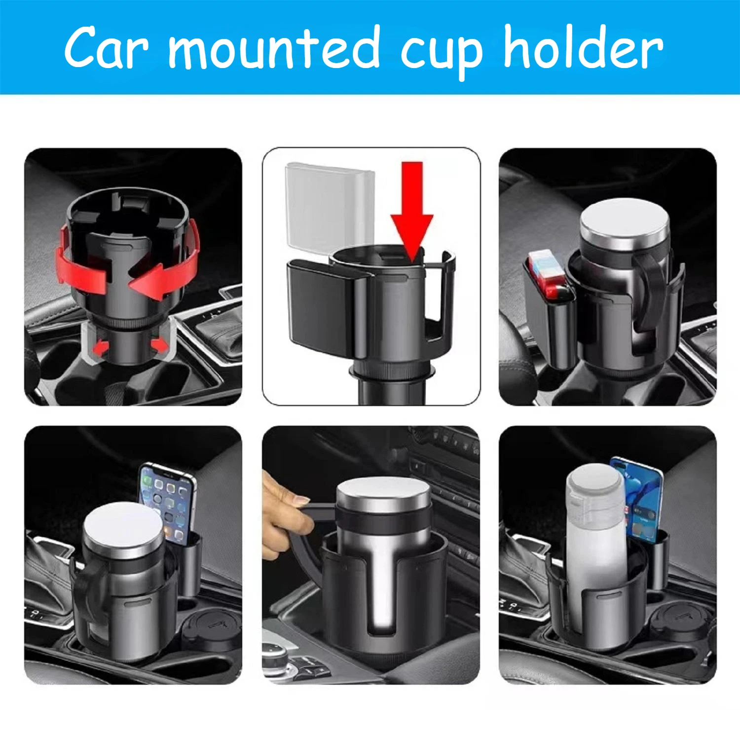 

2 in 1 Car Cup Holder Expander with Phone Slot Adjustable Universal Cup Holder Adapter For Large Cups Multi Purpose Car Interior