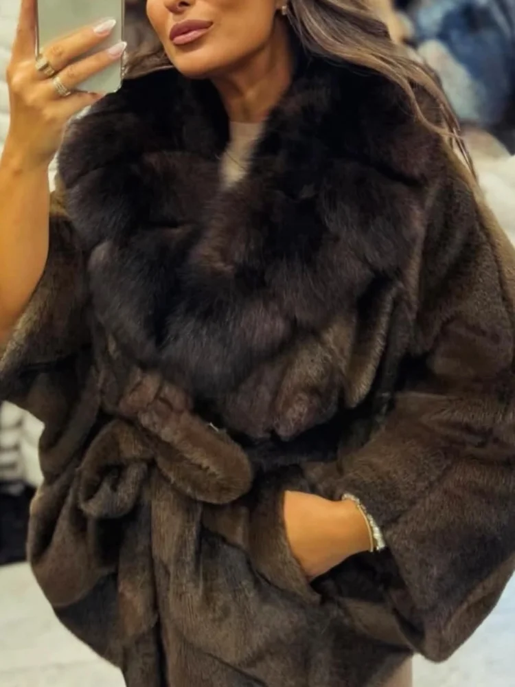 

Шикарное женское пальто из искусственного меха на шнуровке, элегантная однотонная свободная куртка с лацканами и длинными рукавами, женская зима-весна 2025 года, модная женская верхняя одежда