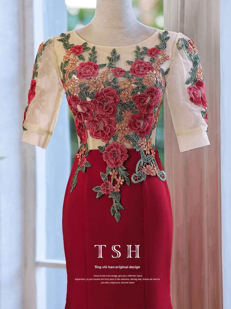 

Ele Red Fi Tail Evening Gown for Women New 2025 High-End Feel Beautiful New Year's Par Wedding Dr mid Waist U Ne