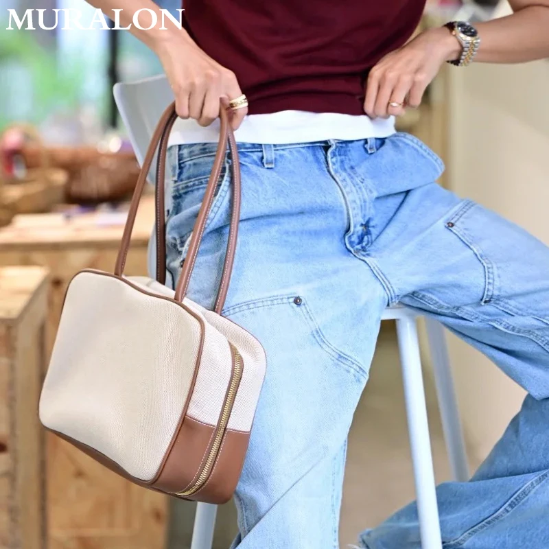 Canvas Messenger Bag Genuine Leather Patchwork Commuter Business Handbag 2024 New Simple Lightweight Large-capacity Underarm Bag