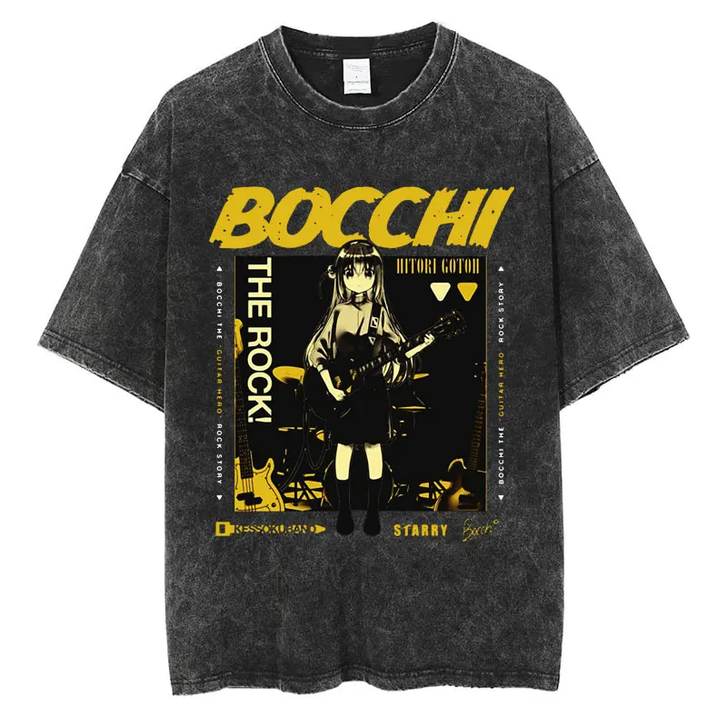 Anime Bocchi The Rock Washed Vintage T-shirts Hitori Gotoh Kessoku Band Short Sleeve Men Women Oversized Cotton Fashion T Shirts