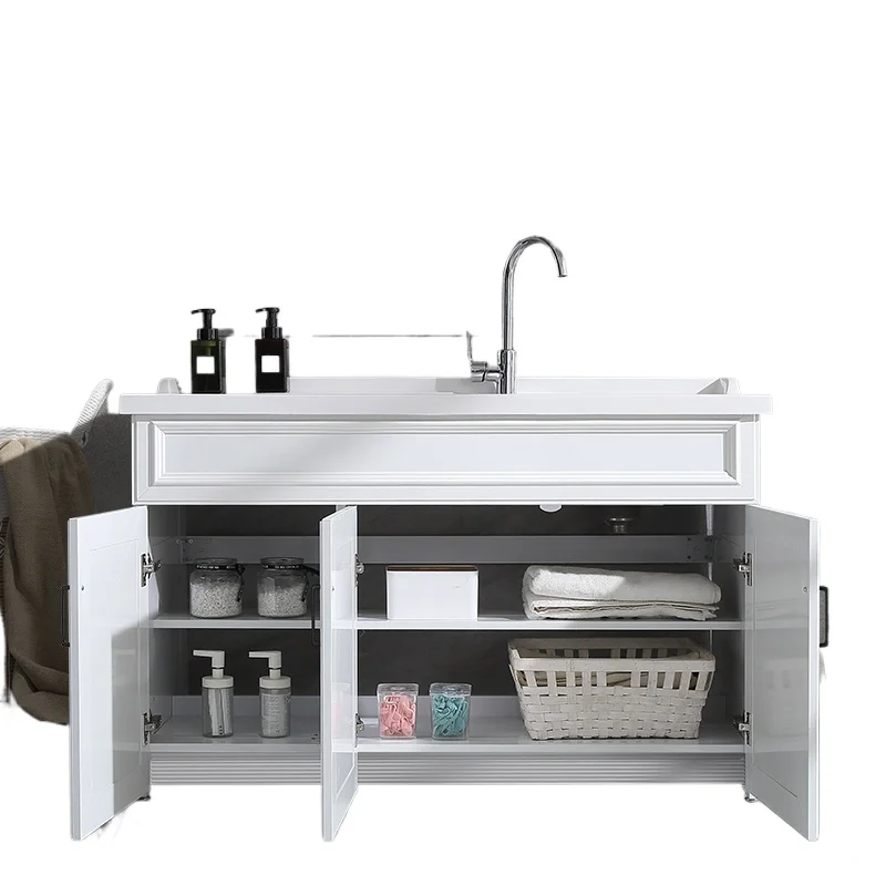 Balcony Laundry Cabinet Space Aluminum Double Basin Laundry Basin Laundry Sink with Rub Board Laundry Pool Bathroom Cabinet