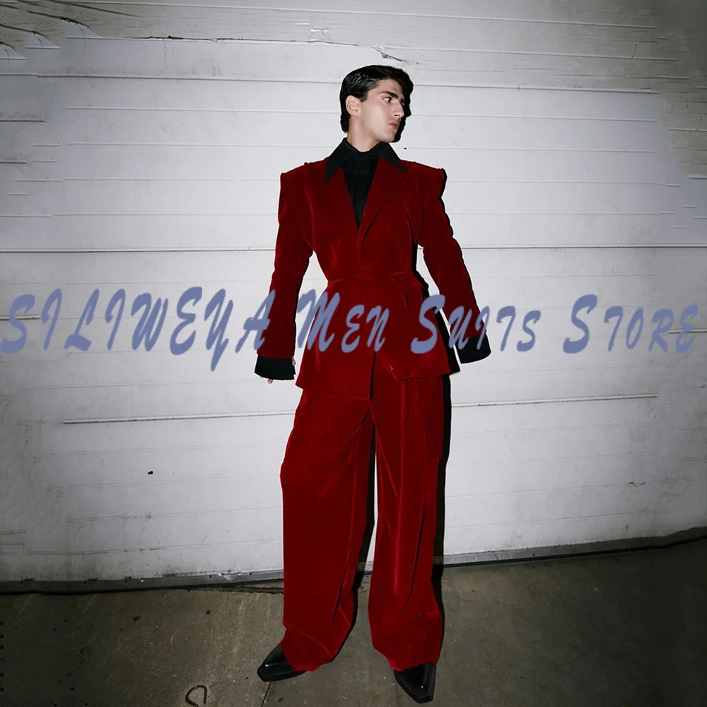 

Formal Red Velvet Men 2 Pieces Jacket Pants Fashion Trousers Wedding Groom Groomsmen Tuxedos Classic Mens Office Blazer Set
