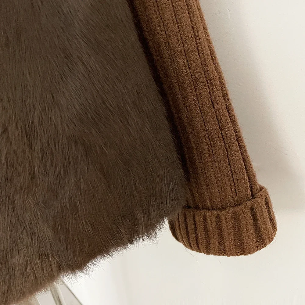 OFTBUY Strickärmel Patchwork Stehkragen Reißverschluss Pelzjacke Damen Echter Rex-Kaninchenfellmantel Kurz Neuer Winter Warmer Mantel Damen – Detail 8