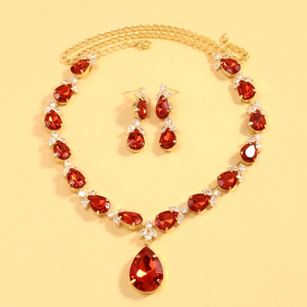 Stonefans New Red Water Drop Necklace Earrings Set Wedding Accessories Luxury Dubai Bridal Leaf Zircon Jewelry Sets for Women