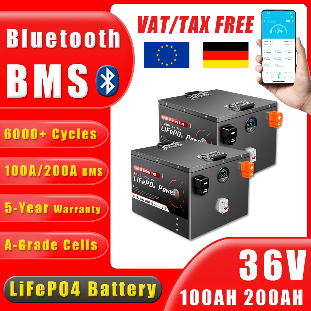 

36V 100Ah 200Ah LiFePO4 Battery Pack Bluetooth BMS Grade A 6000+ Deep Cycle For Solar Home Storage RV Boat Inverters PV