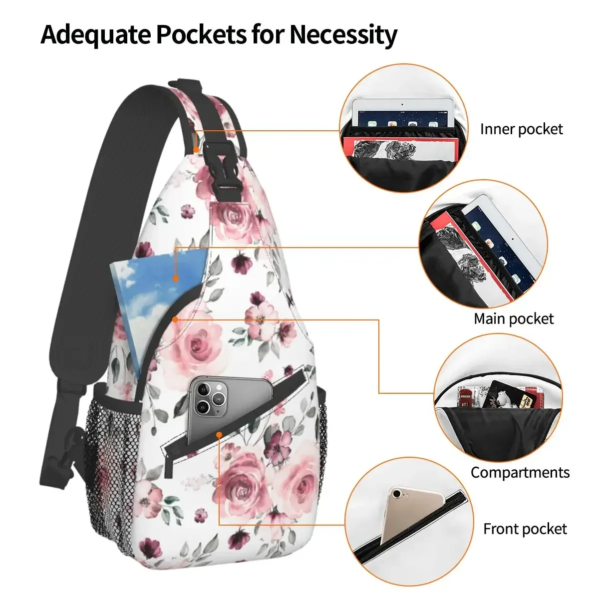 Watercolor Rose Flowers Crossbody Sling Bag Small Chest Bag Vintage Shoulder Backpack Daypack for Hiking Travel Travel Satchel